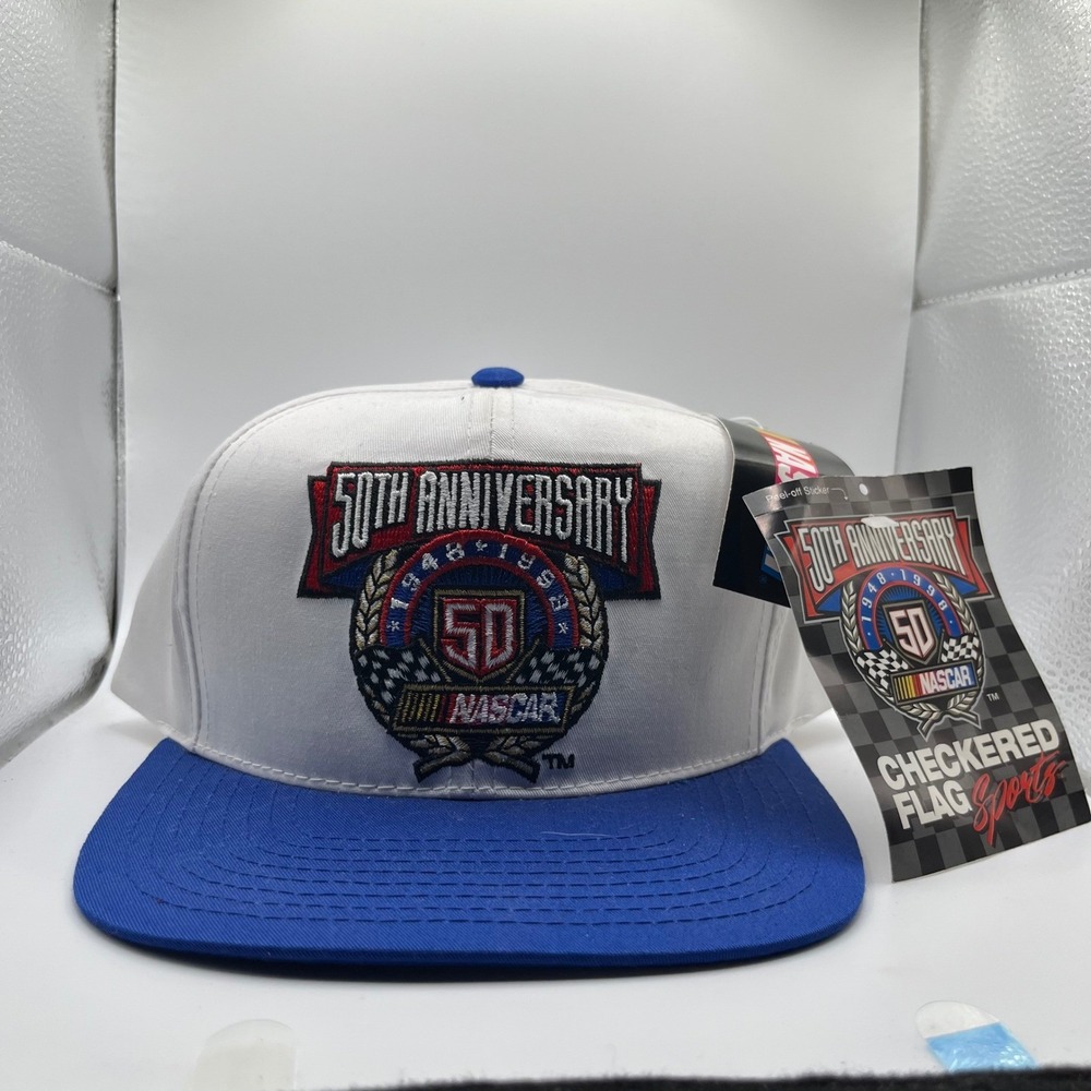 Checkered Flag Sports NASCAR Hat Men OSFA White Blue 50th Anniversary Snapback